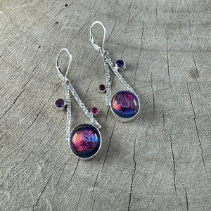 Fused dichroic glass earrings in hand crafted settings of sterling silver (E866)