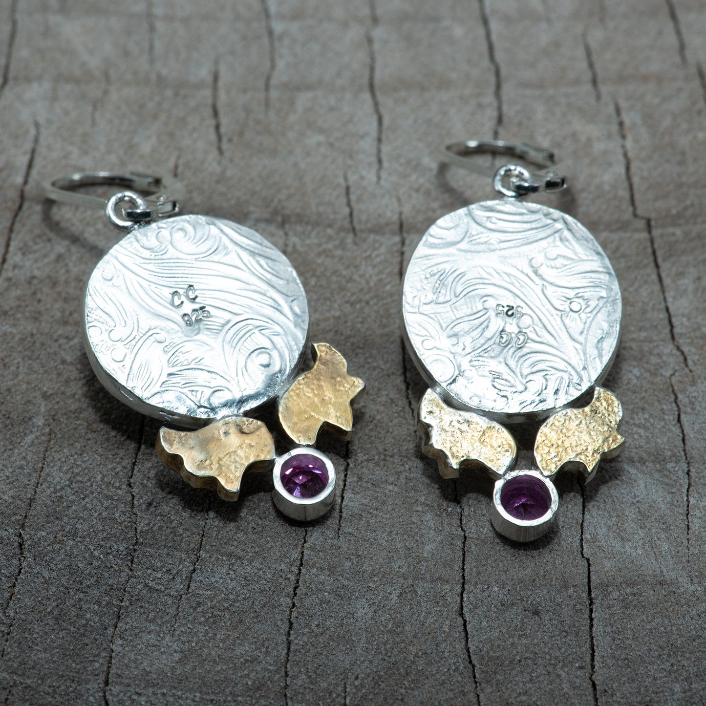 Fused dichroic glass earrings in hand crafted settings of sterling silver (E867)