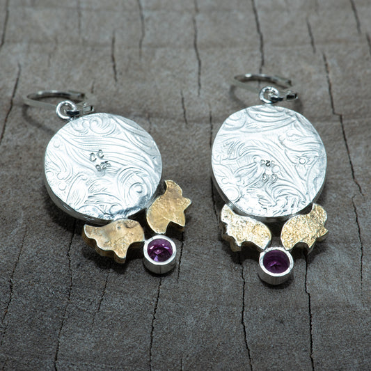Fused dichroic glass earrings in hand crafted settings of sterling silver (E867)