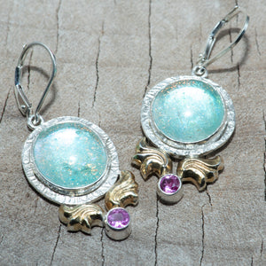 Fused dichroic glass earrings in hand crafted settings of sterling silver (E867)