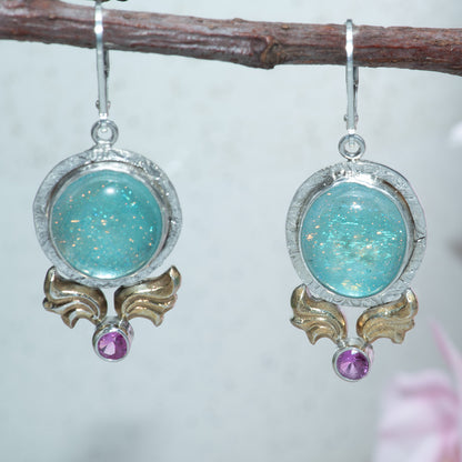 Fused dichroic glass earrings in hand crafted settings of sterling silver (E867)