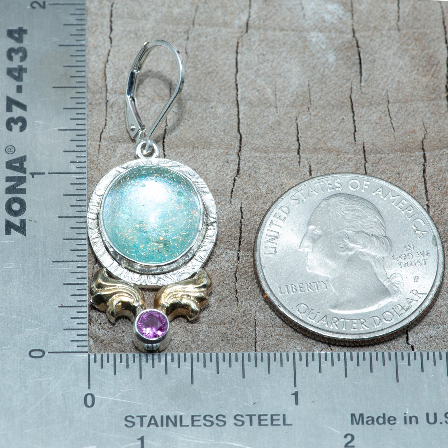Fused dichroic glass earrings in hand crafted settings of sterling silver (E867)