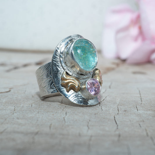 Fused dichroic glass ring in hand crafted settings of sterling silver (R870)