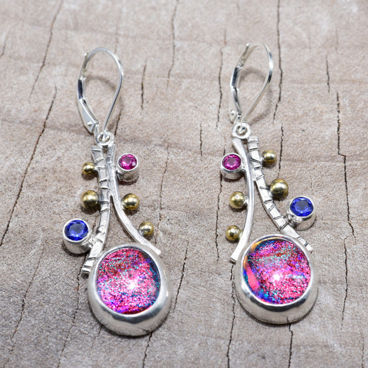 Fused dichroic glass earrings in hand crafted settings of sterling silver accented with 18K gold (E871)