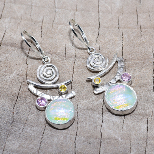 Fused dichroic glass earrings in hand crafted settings of sterling silver (E872)