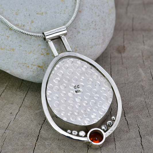 Artisan Orange & Yellow Murrini Dichroic Glass Pendant Necklace | Hand-Stamped Oxidized Sterling Silver | Deep Amber Cubic Zirconia