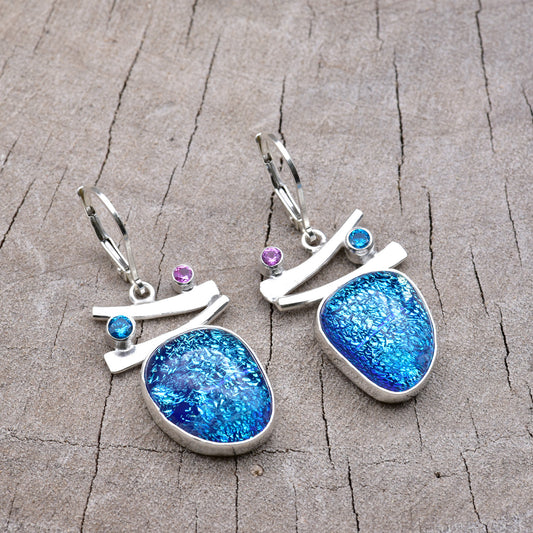 Fused dichroic  glass earrings in hand crafted settings of sterling silver (E881)