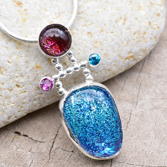 Fused dichroic  glass necklace  in hand crafted settings of sterling silver (N886)