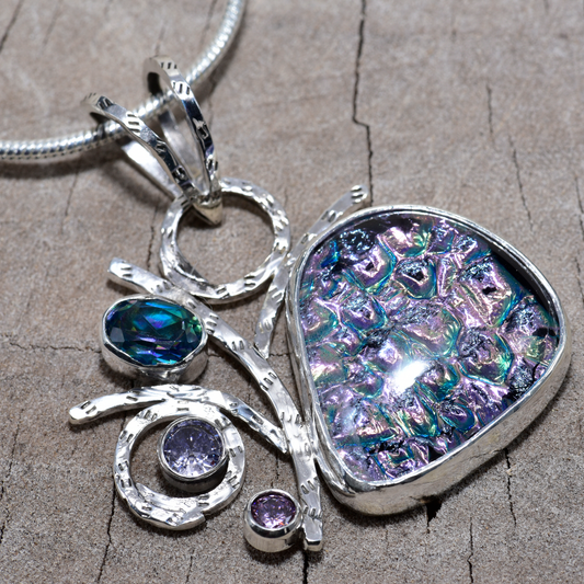 Fused dichroic  glass necklace in hand crafted settings of sterling silver (N887)