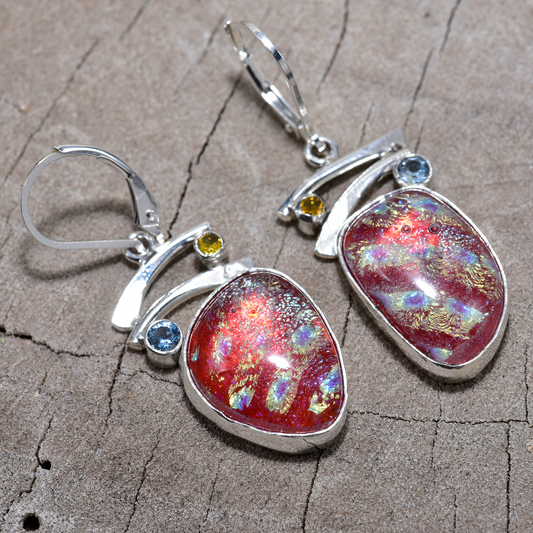 Fused dichroic glass earrings in handmade settings of sterling silver accented with sparkly cubic zirconias (E890)
