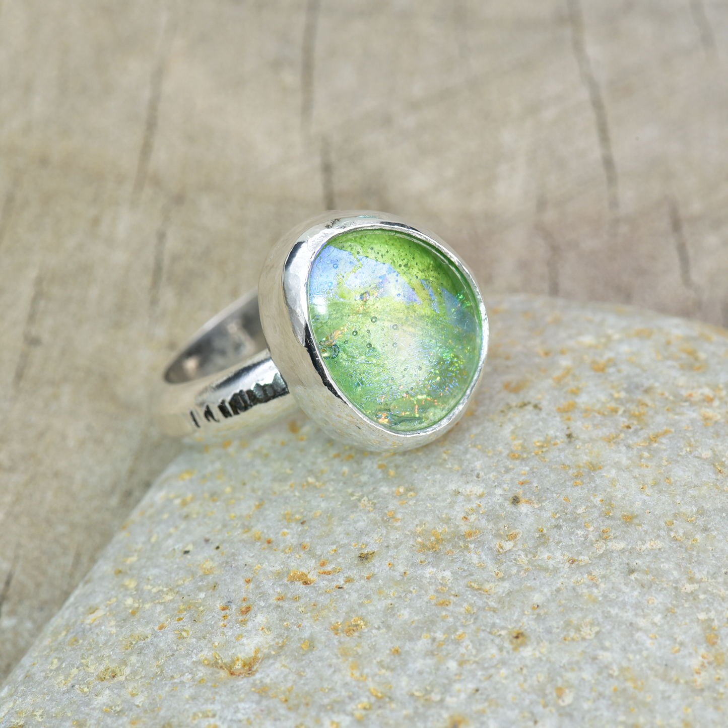Fused dichroic glass ring in sterling silver setting (R893)