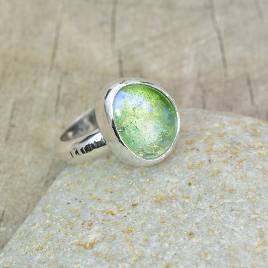 Fused dichroic glass ring in sterling silver setting (R893)