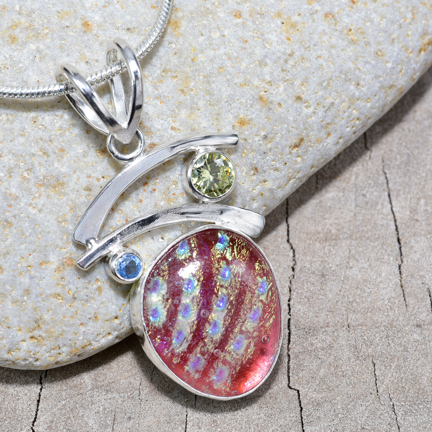 Fused dichroic  glass necklace in a hand crafted settings of sterling silver (N897)