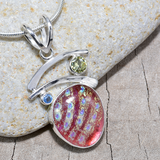 Fused dichroic  glass necklace in a hand crafted settings of sterling silver (N897)