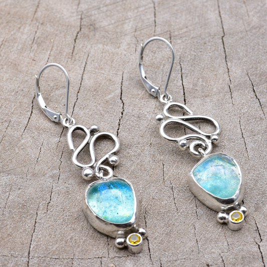 Fused dichroic glass earrings in handmade settings of sterling silver accented with sparkly cubic zirconias (E902)