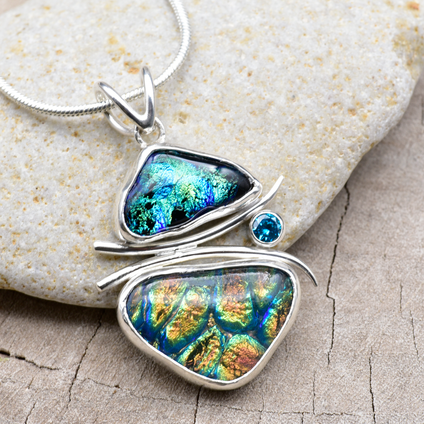 Fused dichroic  glass necklace in hand crafted settings of sterling silver (N905)