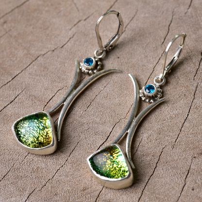 Artisan Gold & Chartreuse Dichroic Glass Long Dangle Earrings | Handcrafted Sterling Silver | Blue Topaz Cubic Zirconia