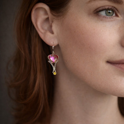 Artisan Pink & Rose Dichroic Glass Asymmetric Dangle Earrings | Hand-Stamped Oxidized Sterling Silver | Citrine Cubic Zirconia