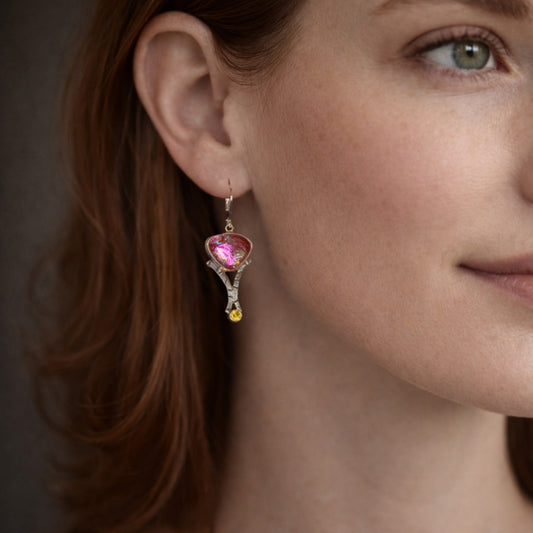 Artisan Pink & Rose Dichroic Glass Asymmetric Dangle Earrings | Hand-Stamped Oxidized Sterling Silver | Citrine Cubic Zirconia