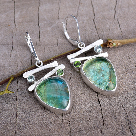Fused dichroic glass earrings in handmade settings of sterling silver (E910)