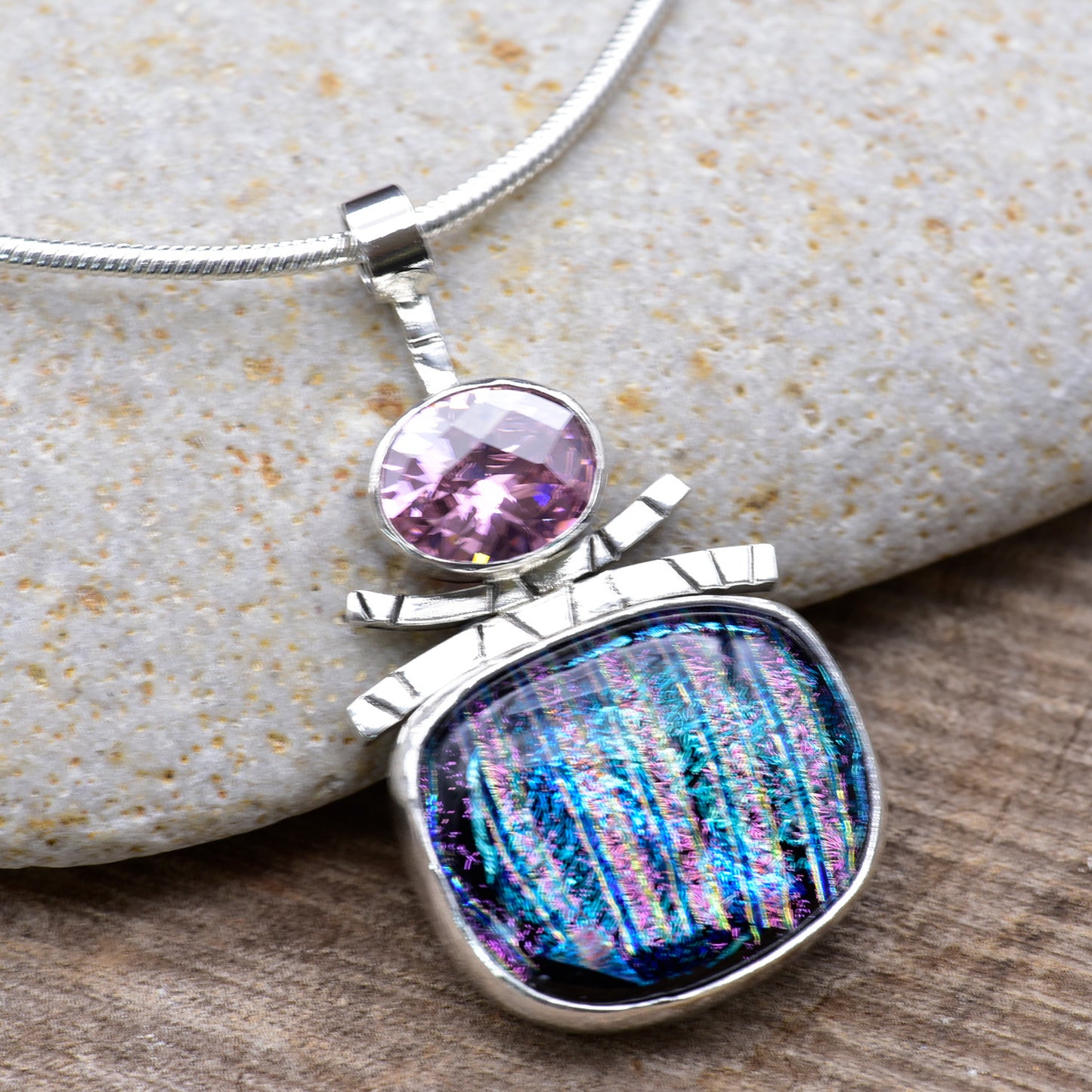 Fused dichroic glass pendant necklace in a handmade setting of sterling silver (N921)