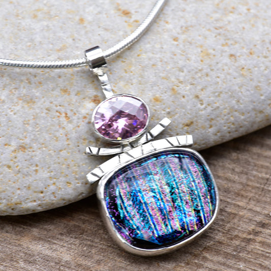 Fused dichroic glass pendant necklace in a handmade setting of sterling silver (N921)