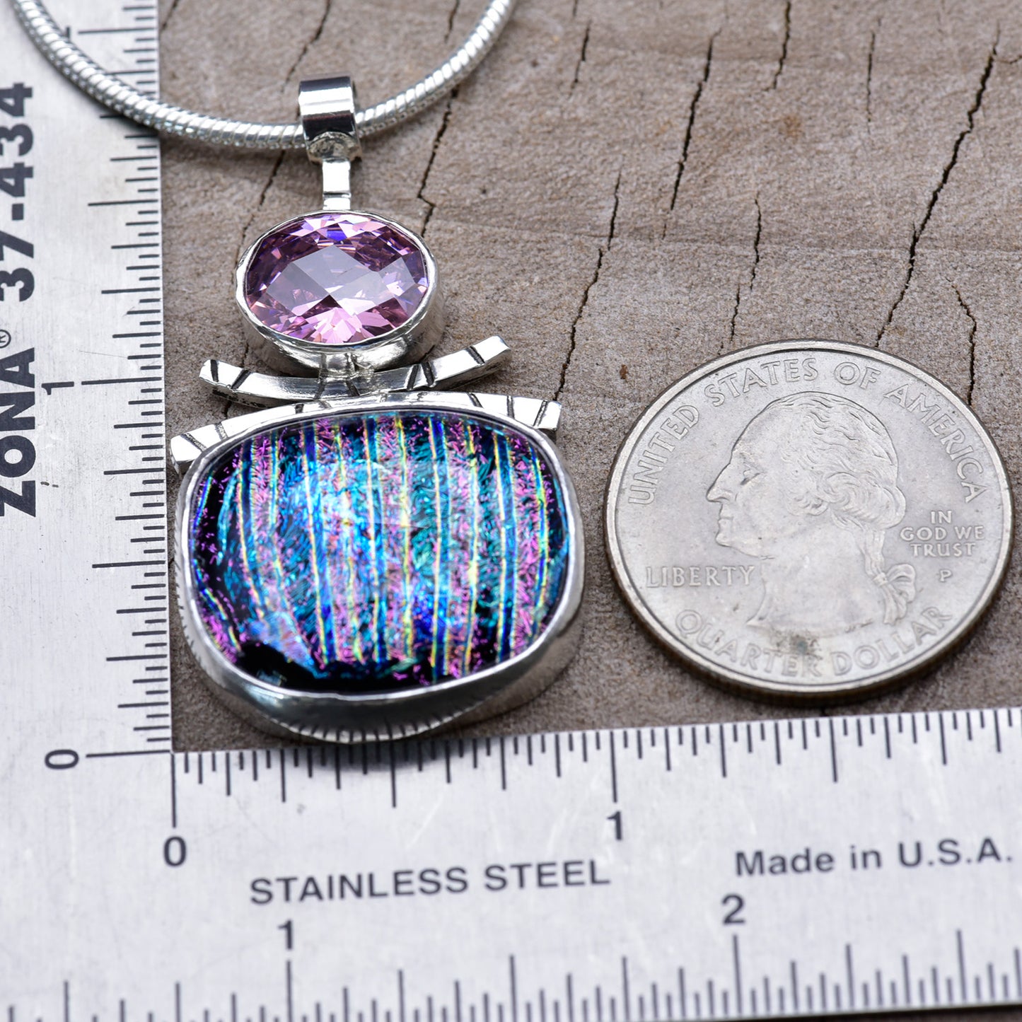 Fused dichroic glass pendant necklace in a handmade setting of sterling silver (N921)