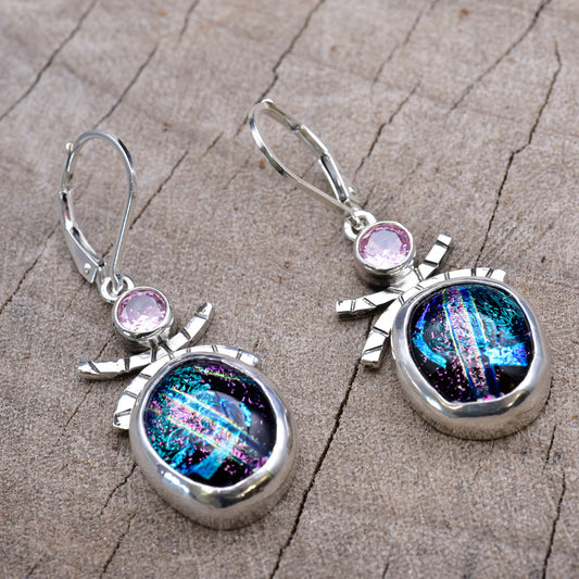 Fused dichroic glass earrings in handmade settings of sterling silver (E922)