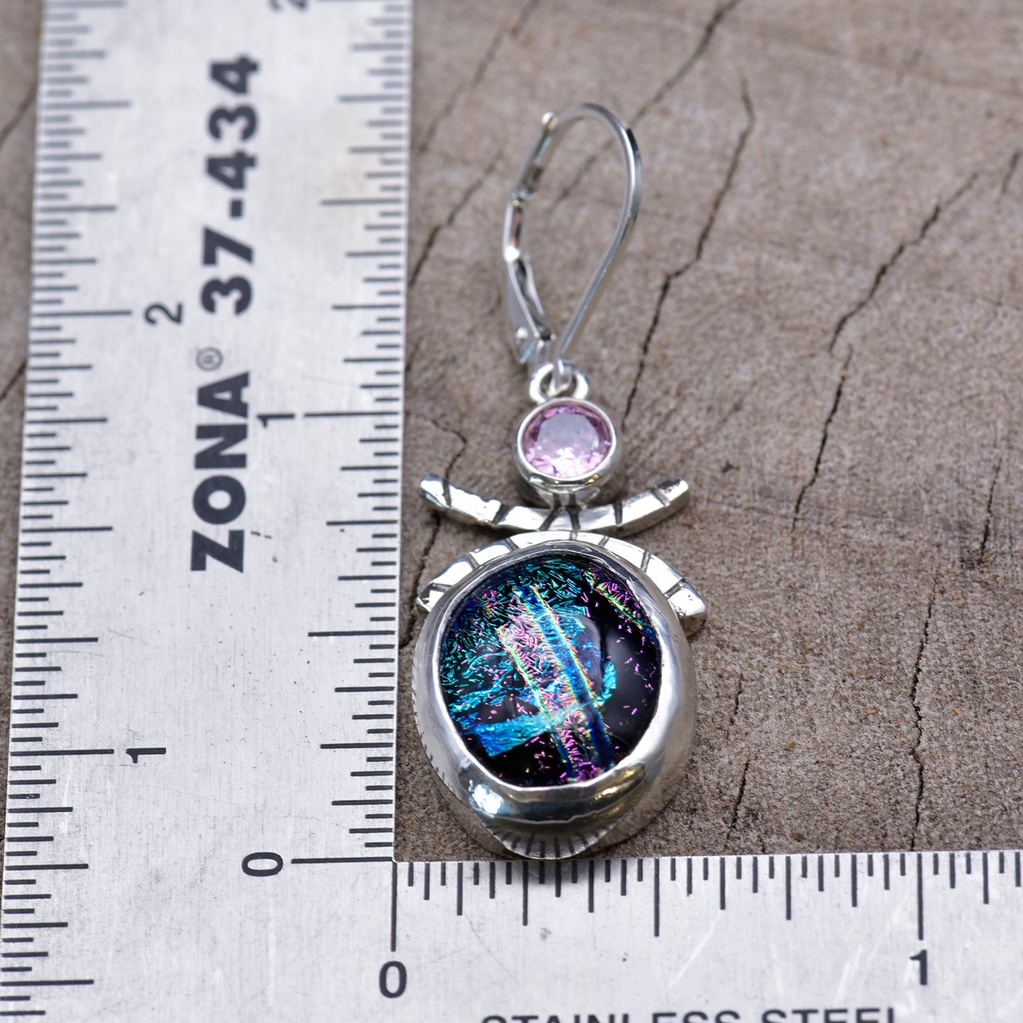 Fused dichroic glass earrings in handmade settings of sterling silver (E922)