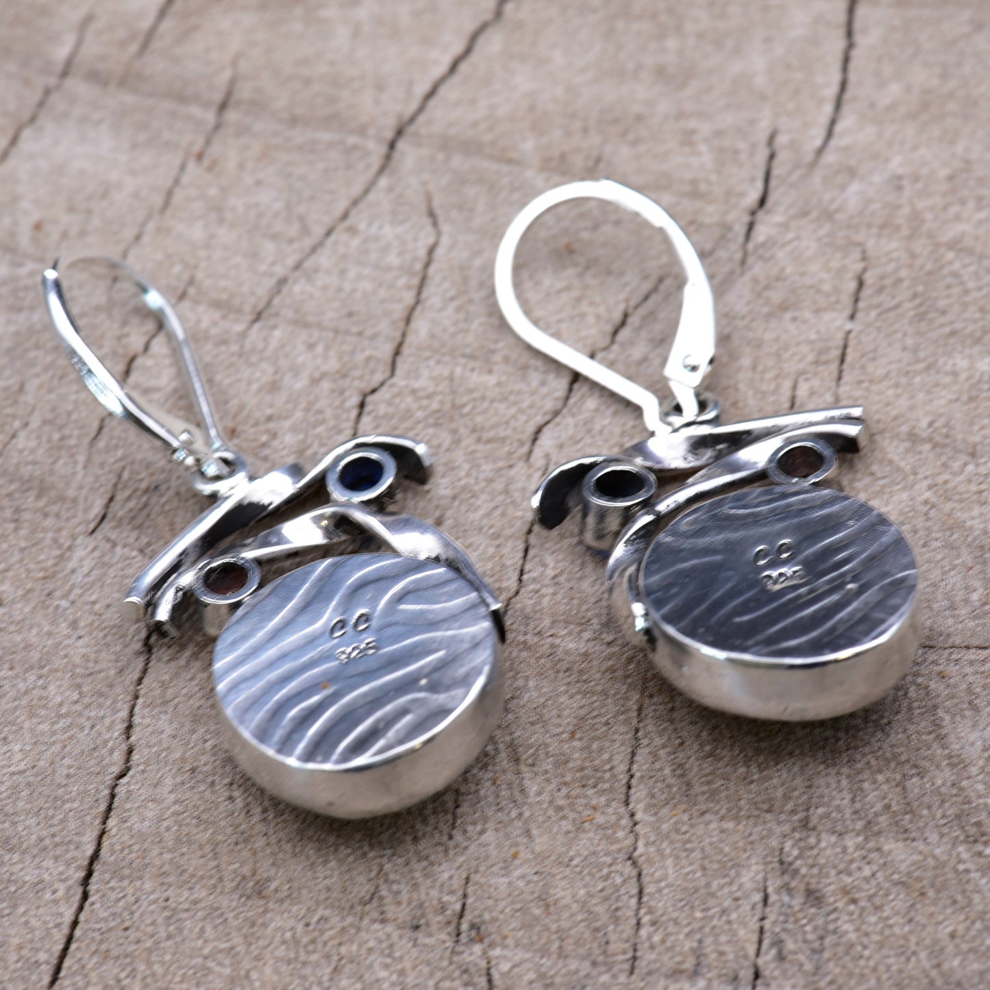 Fused dichroic glass earrings in handmade settings of sterling silver (E923)