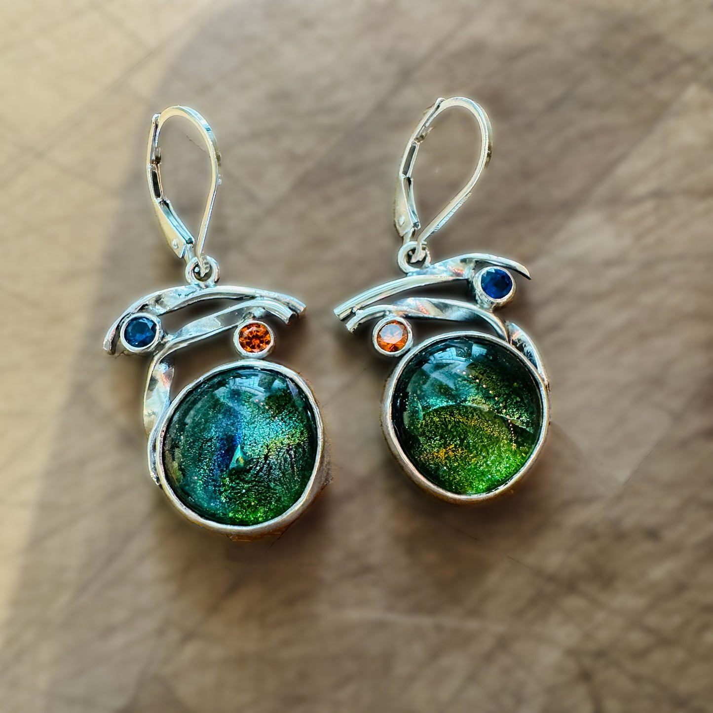 Fused dichroic glass earrings in handmade settings of sterling silver (E923)