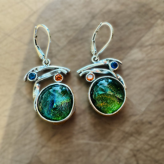 Fused dichroic glass earrings in handmade settings of sterling silver (E923)