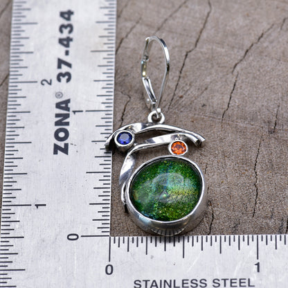 Fused dichroic glass earrings in handmade settings of sterling silver (E923)
