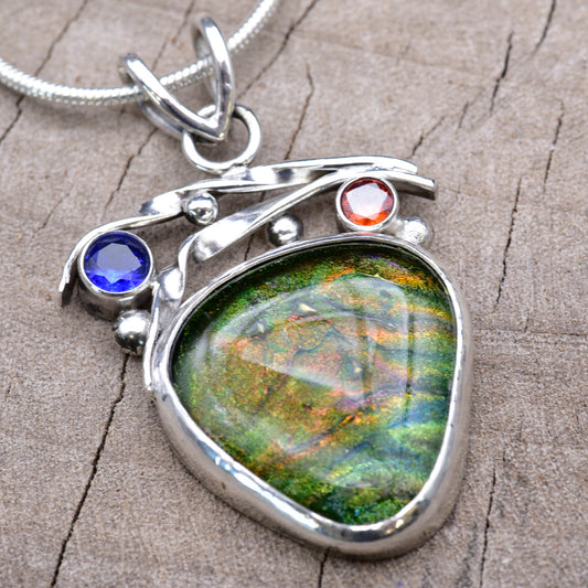 Fused dichroic glass pendant necklace in a handmade setting of sterling silver (N924)