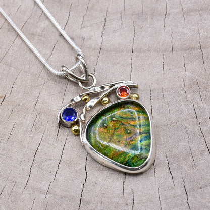 Artisan Green & Gold Dichroic Glass Pendant Necklace | Sculptural Sterling Silver | Sapphire Blue & Orange Cubic Zirconia | 14K Gold-Plated Accents