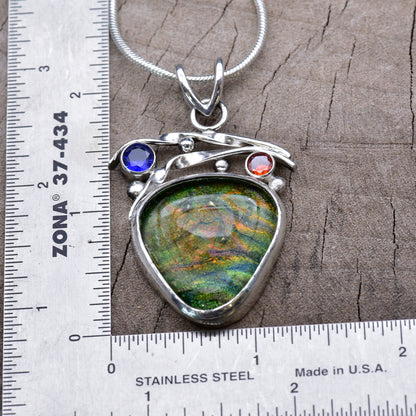 Fused dichroic glass pendant necklace in a handmade setting of sterling silver (N924)