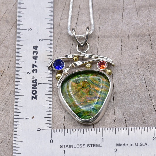 Artisan Green & Gold Dichroic Glass Pendant Necklace | Sculptural Sterling Silver | Sapphire Blue & Orange Cubic Zirconia | 14K Gold-Plated Accents