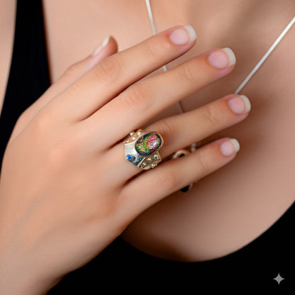 Fused dichroic glass ring in a hand crafted setting of sterling silver with gold accents. (R925)