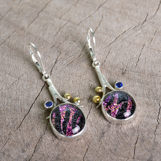 Fused dichroic glass necklace in a hand crafted setting of sterling silver accented with gold (E926)