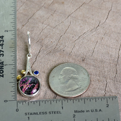 Fused dichroic glass necklace in a hand crafted setting of sterling silver accented with gold (E926)