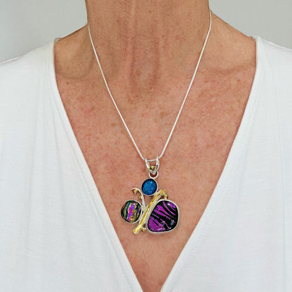 Fused dichroic glass necklace in a hand crafted setting of sterling silver accented with gold (N927)
