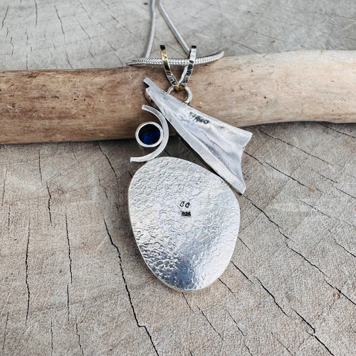 Artistic fused dichroic glass necklace in a hand crafted setting of sterling silver accented with gold (N928)