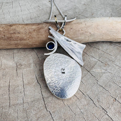Artistic fused dichroic glass necklace in a hand crafted setting of sterling silver accented with gold (N928)