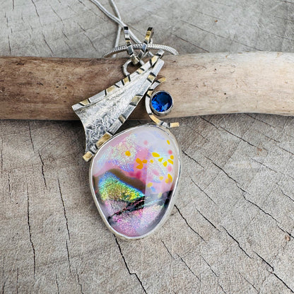 Artistic fused dichroic glass necklace in a hand crafted setting of sterling silver accented with gold (N928)