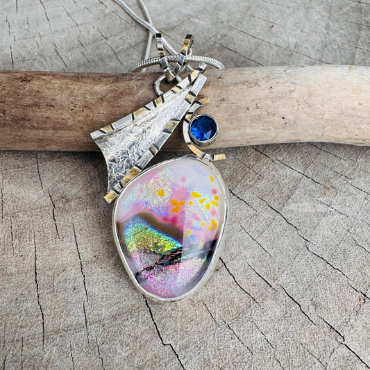 Artistic fused dichroic glass necklace in a hand crafted setting of sterling silver accented with gold (N928)