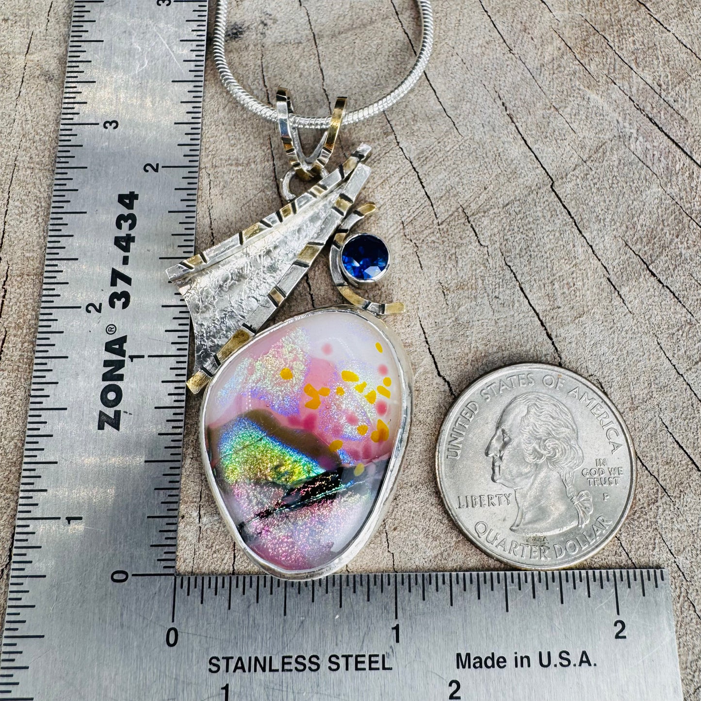 Artistic fused dichroic glass necklace in a hand crafted setting of sterling silver accented with gold (N928)