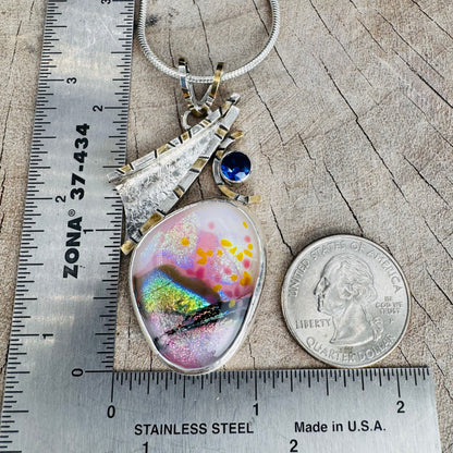 Artistic fused dichroic glass necklace in a hand crafted setting of sterling silver accented with gold (N928)