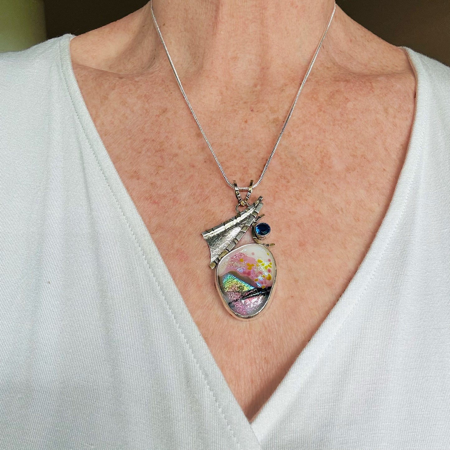 Artistic fused dichroic glass necklace in a hand crafted setting of sterling silver accented with gold (N928)