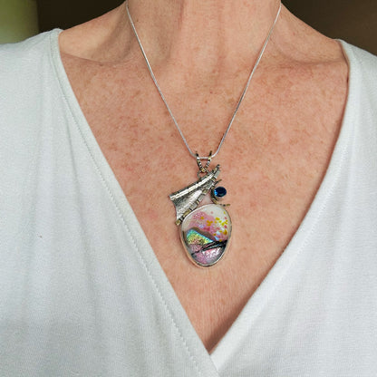 Artistic fused dichroic glass necklace in a hand crafted setting of sterling silver accented with gold (N928)