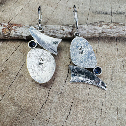 Artistic fused dichroic glass earrings in hand crafted settings of sterling silver accented with gold (E929)